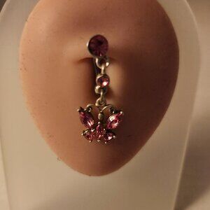 Dangle Tassels Pink Crystals Butterfly Navel Ring  ~ N-5060-POSH